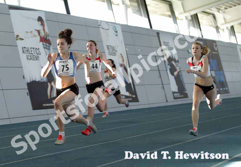 Hollie Lancaster (Sunderland Harriers) winning the under-17 womens 60 metres , North East Indoor Champs, Gateshead.